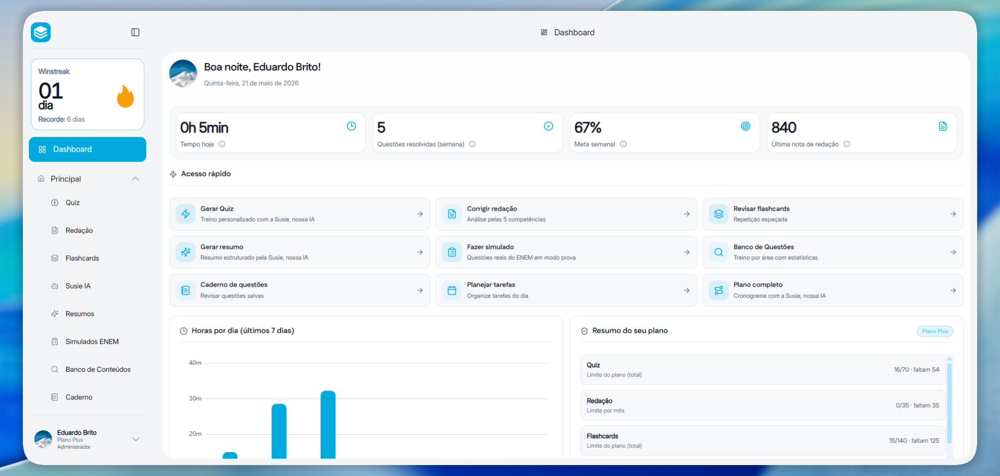 Preview do dashboard principal da Estudarium.