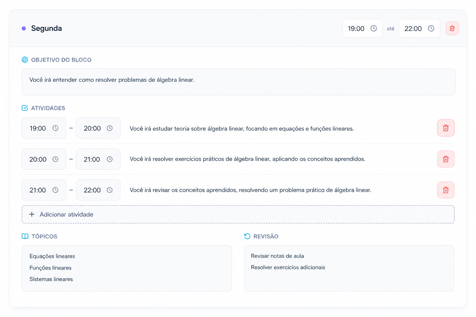 Tela de planejamento semanal com calendário de matérias e blocos de estudo.