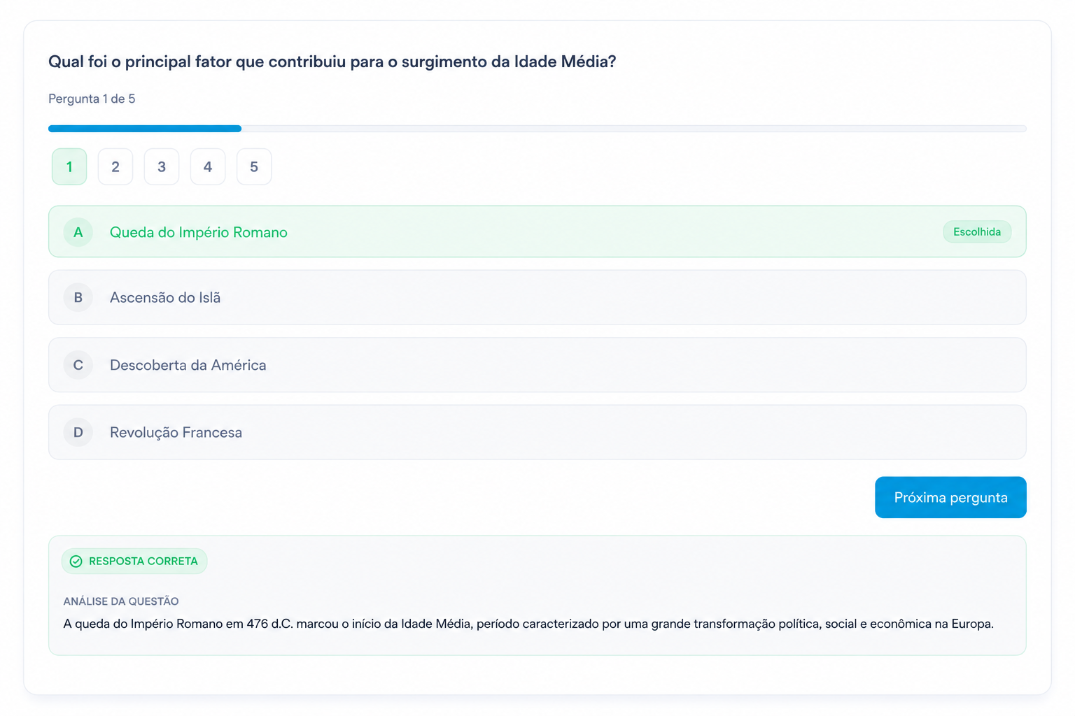 Interface de quiz personalizado com progresso de questões para treino no ENEM.