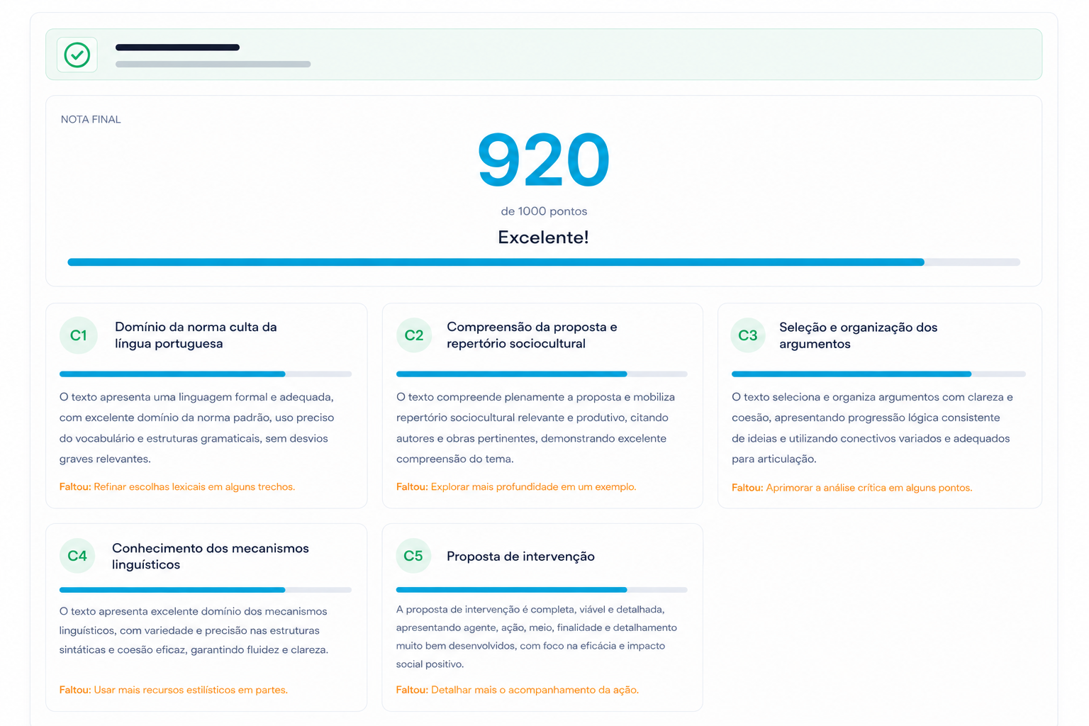 Painel de correção de redação com análise por competências e evolução de nota.